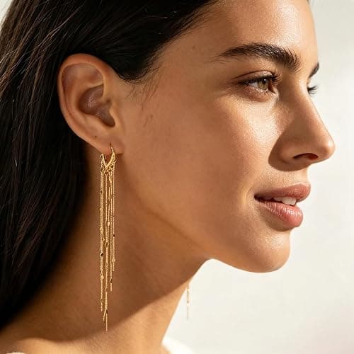 Gold Dangle Earrings for Women 14K Plated Long Tassel Earring | Gold Chain Dangling Earrings Trendy Drop Prom Earring Lightweight Statement Earrings Party Jewelry thumbnail 5
