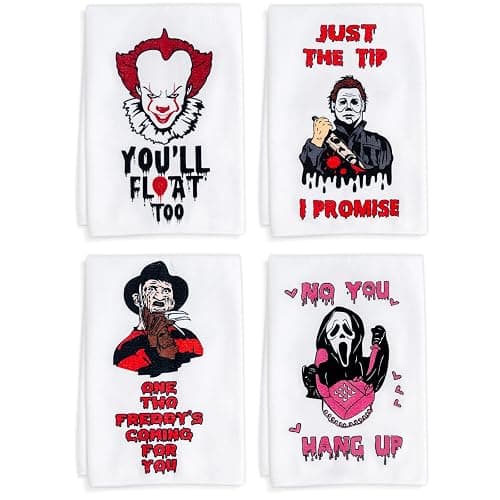 4 Pack Horror Movie Character Kitchen Dish Towels Set - 23 x 15 Inch Terrifier Merch for Halloween Movie Collection, Horror Tea Towels Gifts for Women, Scream Merchandise Gifts for Michael Myers Decor - Image 1