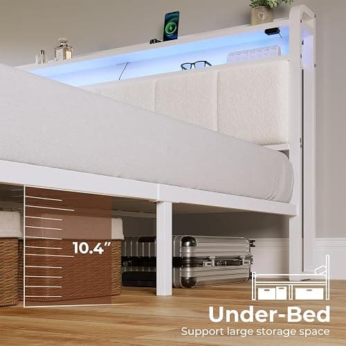 Rolanstar Bed Frame Full Size with Charging Station and LED Lights, Upholstered Headboard with Storage Shelves, Heavy Duty Metal Slats, No Box Spring Need, Noise Free, Easy Assembly, White thumbnail 5
