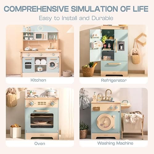 ROBUD Wooden Play Kitchen Set, Kids Toy Kitchen Set with Realistic Design, Utensils, Ice Maker, Fridge, Oven, Washer, Modern Style Play Kitchen with Accessories, Ideal Gift for Boys & Girls, Blue thumbnail 5