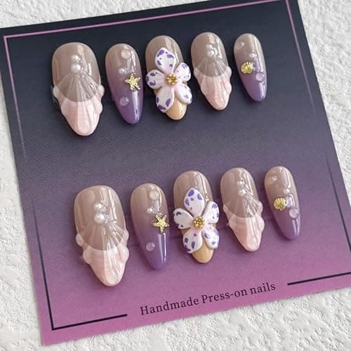 30pcs French Tip Press on Nails Medium Almond False Nails Summer Beach Style Seashell Starfish Flower Pattern 3D Handmade French Almond Shape Fake Nail Rhinestones Nails for Women Daily Wear thumbnail 8