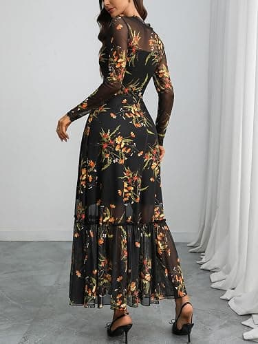 GothDark Womens Floral Mesh Dress Long Sleeve Round Neck A Line Gothic Vintage Casual Wedding Guest Maxi Dresses thumbnail 2