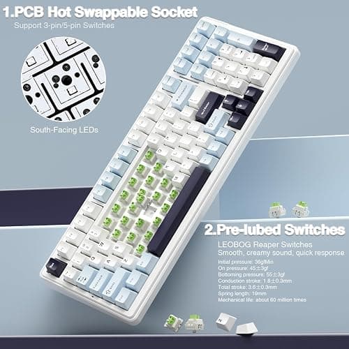 AULA F99 Wireless Mechanical Keyboard, Hot Swappable Custom Keyboard,Pre-lubed Linear Switches,Gasket Structure,RGB Backlit Gaming Keyboard (Blue&White) thumbnail 5