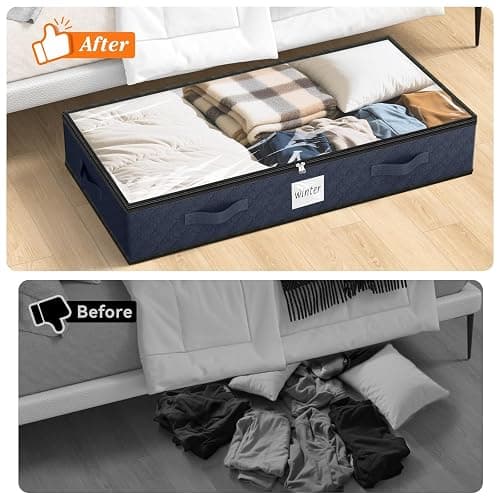SpaceWhisper 90L Under Bed Storage Containers, 4-Pack Storage Bins with Clear Top, Foldable Closet Organizers and Storage with Label Holder for Clothing, Blankets, Comforter & Pillows(Blue) thumbnail 6