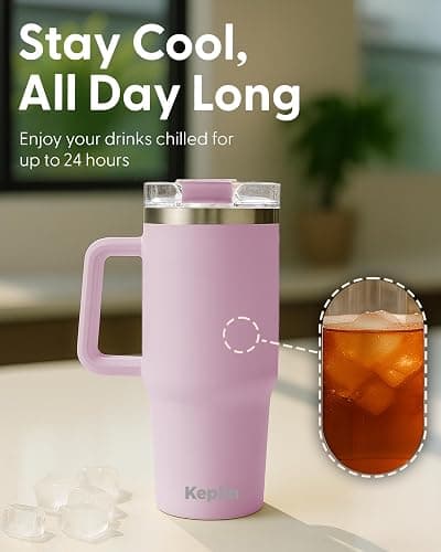 Keplin 40 oz / 1200 ml Insulated Travel Tumbler – Double Wall Stainless Steel Cup with Leak-Proof Lid, Thermal Flask Keeps Drinks Hot & Cold, Dishwasher Safe, Fits Car Cup Holders - Cream Pink thumbnail 7