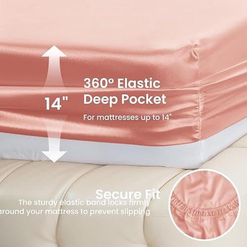 Love's cabin Satin Queen Sheets Set - 4 Piece Coral Silky Bed Sheets with Deep Pocket, Luxury Silk Feel Satin Queen Size Sheet Set (1 Flat Sheet,1 Fitted Sheet,2 Pillow Cases) thumbnail 4