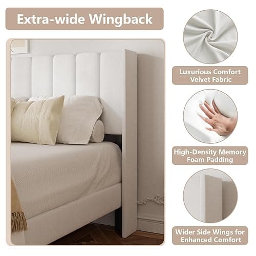 HAOARA Queen Size Velvet Bed Frame with Vertical Chanel Tufted Headboard and Wingback, Upholstered Platform Bed, No Box Spring Needed, Strong Wooden Slats, White thumbnail 4