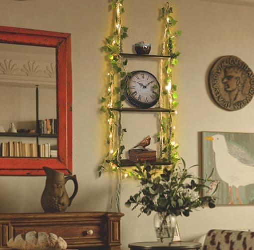 WOOD MEETS COLOR 3 Tier Macrame Wall Hanging Shelves with Artificial Ivy Leaves,Boho Room Decor Handmade Cotton Rope,Wooden Hanging Storage Floating Shelves for Small Plants,Living Room Bedroom thumbnail 7