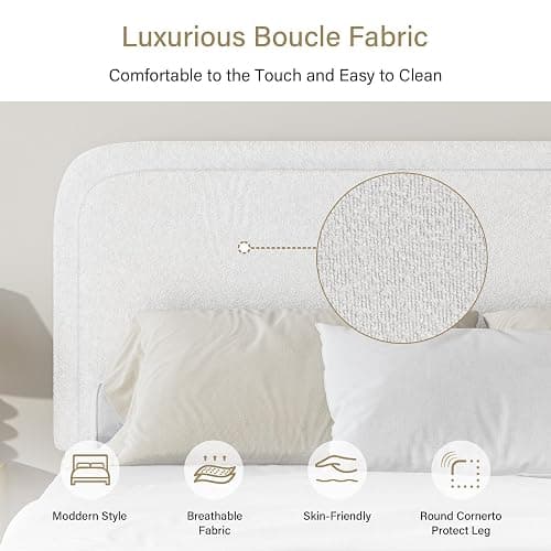 BarnFurin Queen Bed Frame with Headboard, Boucle Upholstered Platform Bed Frame, Luxurious Soft Rounded Corners, No Box Spring Required, Easy Assembly, White thumbnail 4