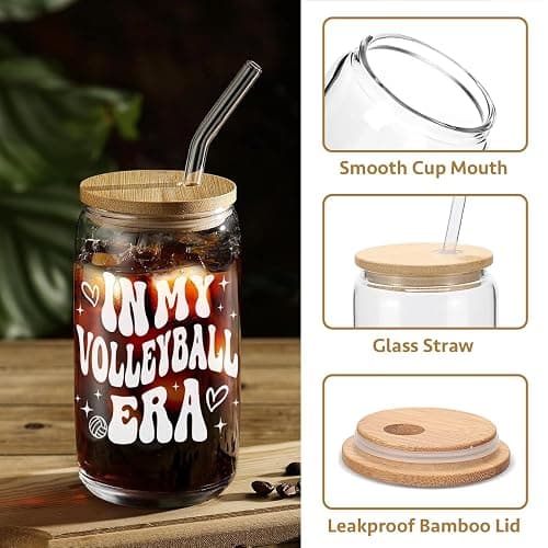 Mikopei Volleyball Gifts for Teen Girls - Cute Glass Cups with Lids and Straws, In My Volleyball Era Accessories Stuff Things Water Bottle for Women Team, Iced Coffee Cup, 16 oz Visit the Store thumbnail 4