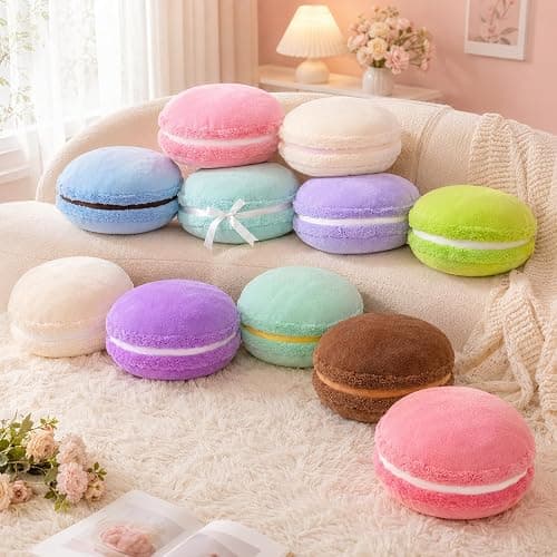 Macaron Throw Pillow Food Plush - Cookie Fun Round Seat Cushion Pink | 14.5" Funny Cute Bread Soft Back Bolster, Microbead Decorations Home Decor for Sofa Couch Bedroom Office Birthday thumbnail 5