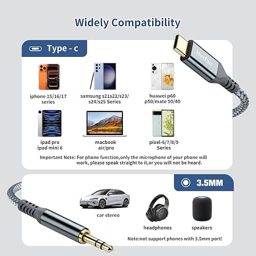 Aux to USB C, Type C to 3.5mm Audio Jack Cable Extension Cord for Car Stereo,Headphone,Speakers Compatible with iPhone 17/16/15 Samsung Galaxy, iPad,Huawei 1.2M (Aux to USB C 1 Pack) thumbnail 5