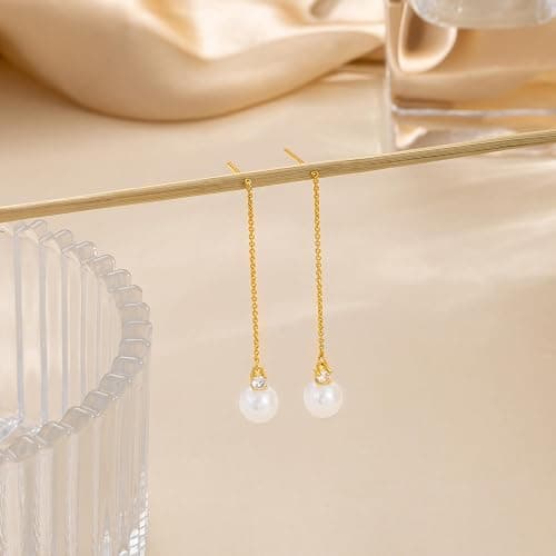 NECOCY Christmas Gift 14K Gold/Silver Plated Dangle Earrings for Women Dainty Long Hanging Chain Earrings Trendy Dangling CZ/Pearl Threader Earrings for Women Jewelry thumbnail 7