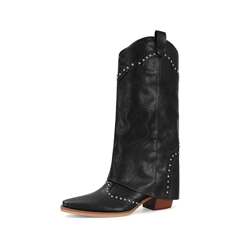 MAIJED Fold Over Shark Boots for Women Snip Toe Chunky Heel Wide Calf Cowboy Boots Studded Pull On Classic Fashion Party Dress Cowgirl Booties - Image 1