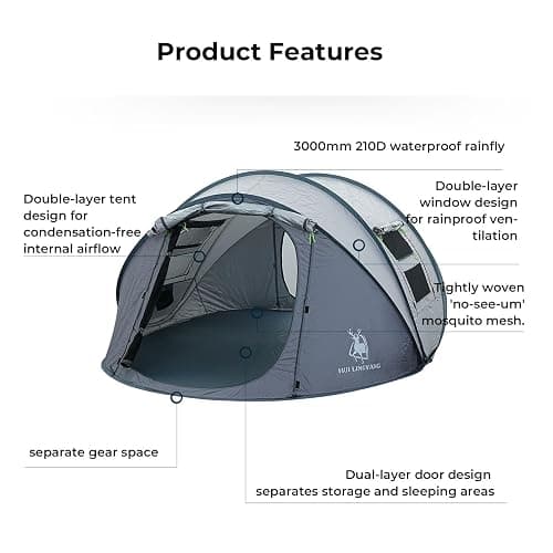 4 Person Pop Up Camping Tent, Waterproof Instant Family Tents,Easy Setup with 2 Doors Camping Tent for Hiking & Traveling, Grey thumbnail 5