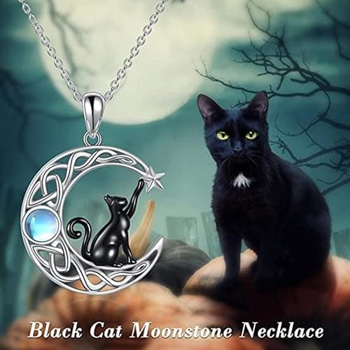 LSxAB Moonstone Cat On Moon Animal Necklace Celtic Knot Crescent Pendant Necklaces for Women Girls thumbnail 3