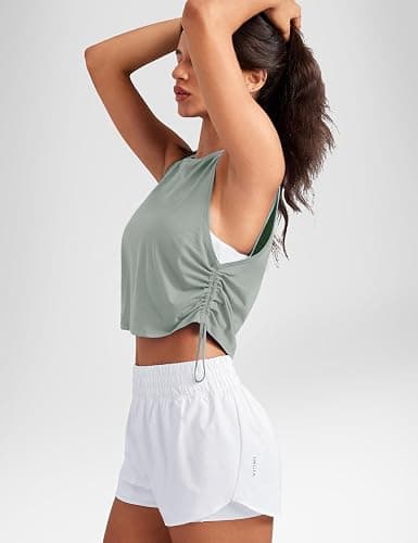 INGIA Pima Cotton Women Crew Neck Workout Cropped Tank Tops Ruched Side Sleeveless Gym Yoga Running Shirts thumbnail 4