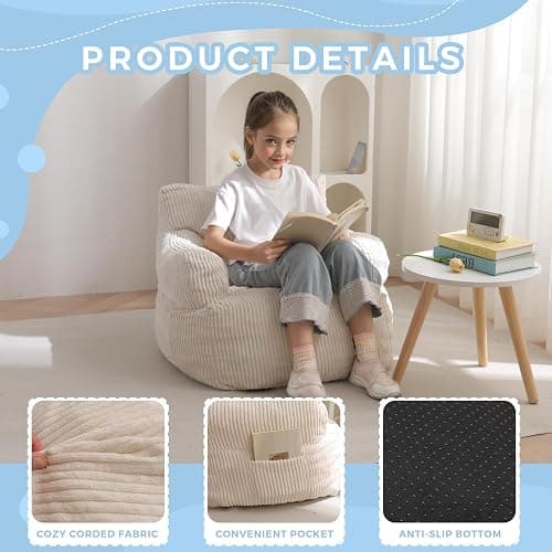 MAXYOYO Kids Bean Bag Chair, Stuffed Toddler Bean Bag Sofa with Filler Bean Bag Chair for Boys and Girls, Lazy Sofa with Pocket Floor Chair for Gaming, Reading, Beige thumbnail 5