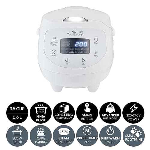 Yum Asia Panda Mini cuiseur à riz avec bol en céramique Ninja et logique floue avancée (3,5 tasses, 0,63 litre) 4 fonctions de cuisson du riz, 4 fonctions multicuiseur, 220-240V (Arctic White) thumbnail 3