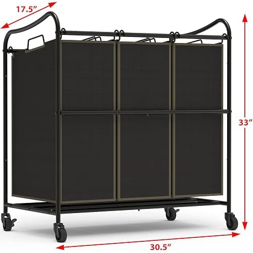 Simple Houseware Heavy Duty 3-Bag Laundry Sorter Rolling Cart, Bronze | Removable Bags and Lockable Wheels for Laundry Room Organization thumbnail 3