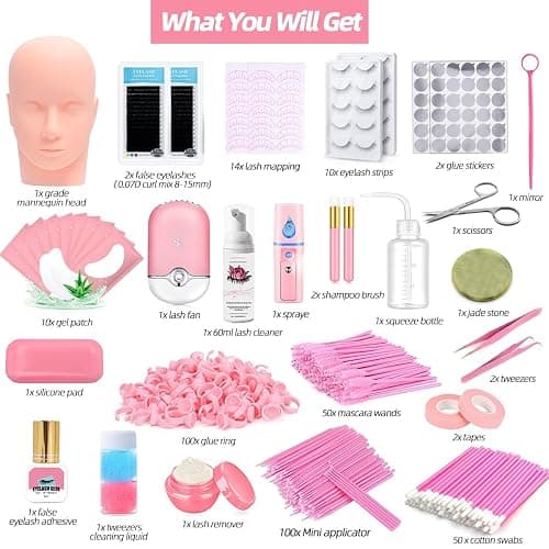 Lash Extension Kit Professional Eyelash Extensions Supplies Training for Beginners Mannequin Head Grafting Lash USB Fan Lash Shampoo Brush Spraye 0.07D Curl Mix 8-15mm Practice Eyelash Strips thumbnail 2