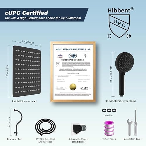 Hibbent All Metal High Pressure Rainfall 10'' Shower Head, CUPC Certified Handheld Showerhead Combo, 12'' Adjustable Shower Extension Arm, 10-Spray, 71'' Hose, Adhesive Showerhead Holder, Matte Black thumbnail 3