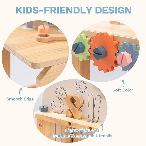 ROBUD Large Wooden Play Tool Workbench Set for Kids Toddlers, Construction Workshop Tool Bench Toys Gift, Multicolor thumbnail 5