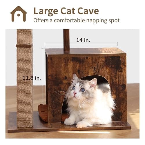 FUKUMARU Cat Scratching Post, Modern Style Cat Tree with Unique Square Post, Wooden Cat Tower with silvervine Balls, Retro Cat Condo Scratcher for Indoor Cats（Solid Wood） thumbnail 4