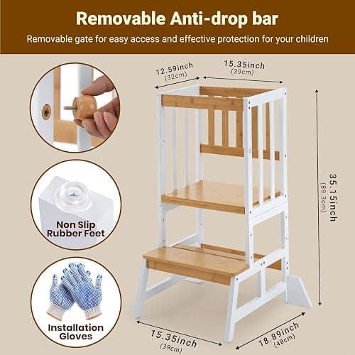 COSYLAND Height Adjustable Step Stool for Kids – Solid Bamboo Stool for Kitchen Counter, Compact & Sturdy (Wood & White) thumbnail 2