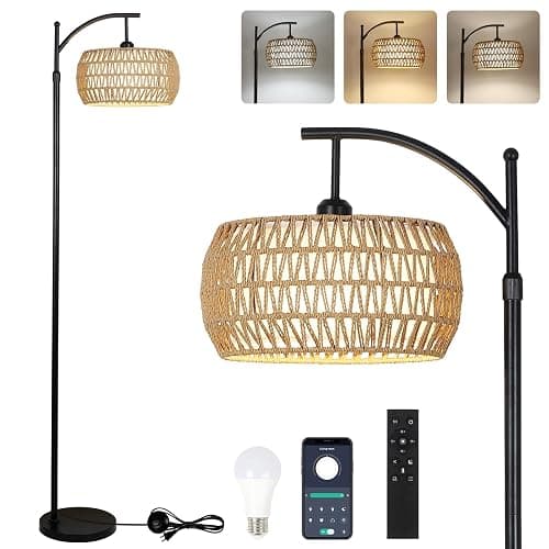 Arc Floor Lamp with Remote Control, Dimmable LED Floor Lamp with 3 Color Temperature, Black Standing Lamp with Rattan & Fabric Double Drum Shade, Boho Farmhouse Tall Pole Lamp for Living Room Bedroom - Image 1