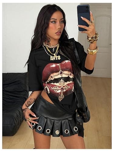 Verdusa Women's Y2k Lips Print Graphic T Shirts Rave Hip Hop Tees Streetwear Going Out Tops thumbnail 4