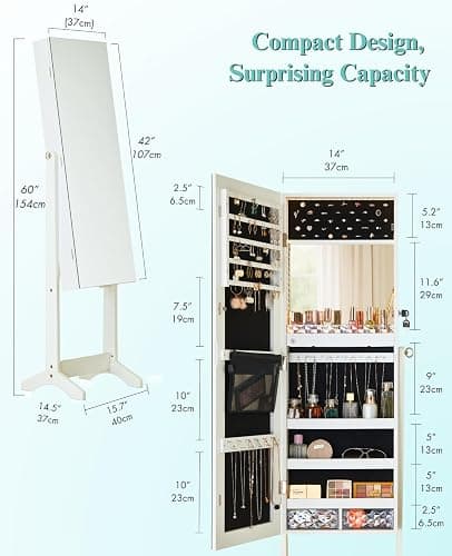 LUXFURNI LED Light Mirror Jewelry Cabinet Standing Jewelry Armoire, 60" Full Length Mirror with Storage, Built-in Makeup Mirror, 3 Adjustable Angles, Lockable Jewelry Mirror Organizer, White thumbnail 2