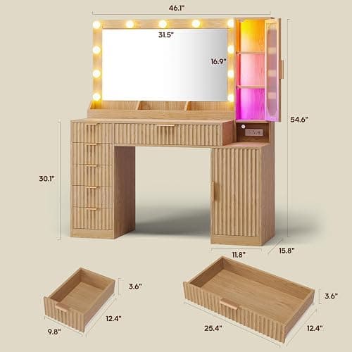 BTHFST Fluted Makeup Vanity Desk with Large 31.5" Mirror and Lights, 46.1" Wood Vanity with Charging Station & RGB Lights, Dressing Table with 6 Drawers & Cabinet & Shelves, Oak thumbnail 2
