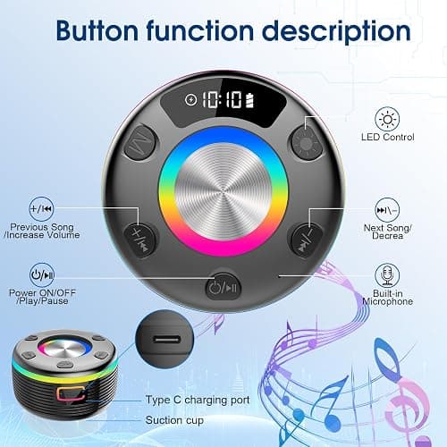 OYIB Bluetooth Shower Speaker, Portable Bluetooth Speaker 360° HD Sound, RGB Lights, IPX7 Waterproof Wireless Speaker with Suction Cup and Mic, Shower Radio for Party/Outdoor/Travel/Gifts/Black thumbnail 7