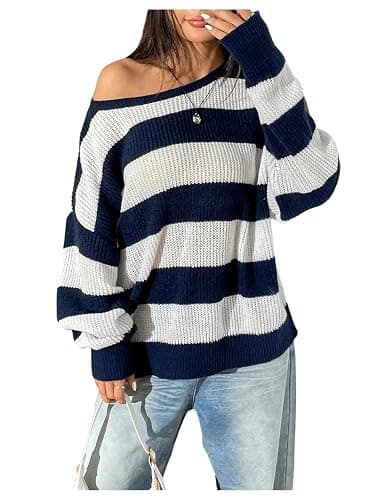 Floerns Women's Striped Boat Neck Loose Sweater Long Sleeve Drop Shoulder Pullover Top - Image 1