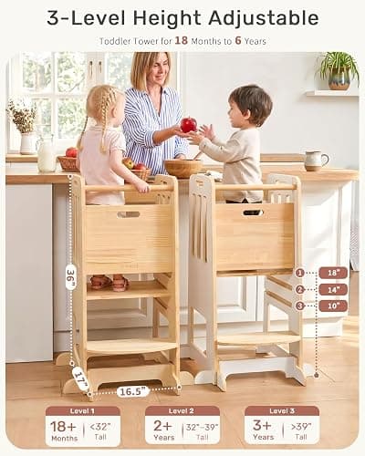 WINGYZ Toddler Tower - Anti-Tip Natural Wood Learning Stool for Kids 18M-6Y, 150lb Capacity Kitchen Helper Stool with 3-Height Adjustable Platform and Sliding Door Access, 20lb Portable Design, Wood thumbnail 2