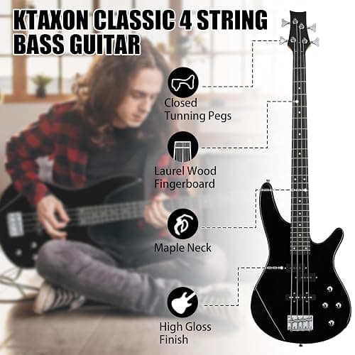 Ktaxon 4 String Electric Bass Guitar, Full Size Standard Right Handed Rosewood Fingerboard Beginner Kit with Cable Wrench Tool (Black) thumbnail 7