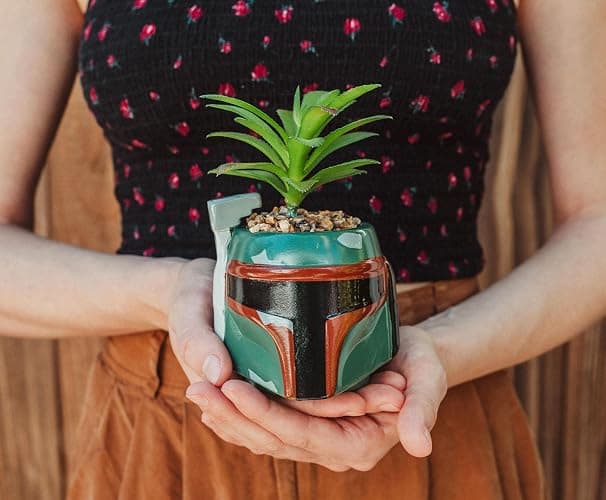 Star Wars Boba Fett Helmet 3-Inch Ceramic Planter with Artificial Succulent | Small Flower Pot, Faux Indoor Plant for Desk Shelf, Trinket Tray | Cute Home Decor Gifts and Collectibles thumbnail 2