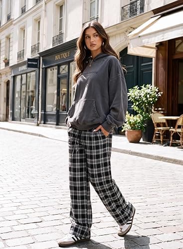 Aleumdr Women's Plaid Wide Leg Sweatpants Gingham Baggy Lounge Pajama Pants | Plaid Checkered Pants, Baggy Lounge Pants, with Pockets, Drawstring Elastic Wait, For Spring Fall, Comfy Loose Fit, PJ Bottom thumbnail 8
