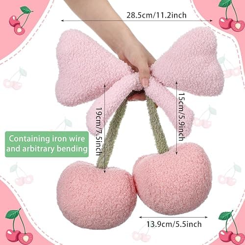 Beeveer Small Bow Cherry Throw Pillow Wool Cute Coquette Room Decor Decorative Throw Pillows Aesthetic Room Decor Bowknot Shaped Plush Cushions for Valentines Day Bedroom Sofa Couch(Pink) thumbnail 2