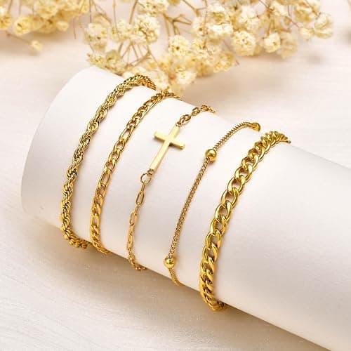 Cross Bracelets Gold Jewelry Gifts , 14k Gold Plated Layered Bracelet Snake Cuban Chain,Stackable Christian Bracelet Pack Womens Trendy Jewelry,Easter Christmas Christian Gift for Her Mom Girlfriend thumbnail 4