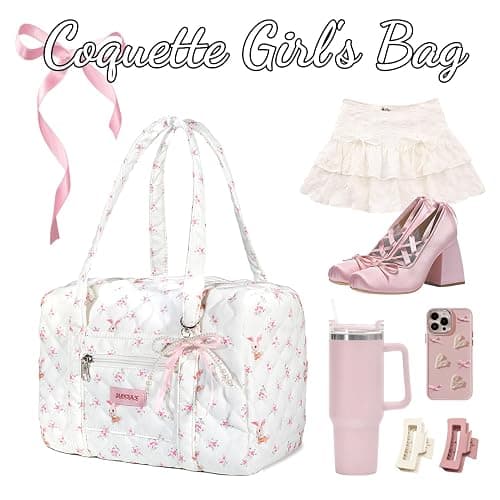 Coquette Bag with Bow Pearl Charm Floral Quilted Duffle Bag for Women Girls Small Puffer Shoulder Purse Cute Bunny Handbag for Travel, Work, School thumbnail 4