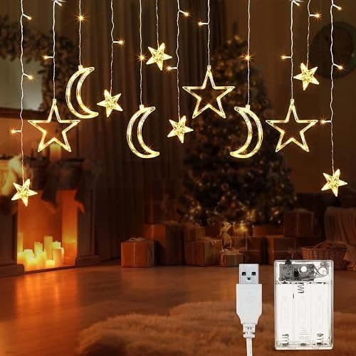 Riakrum 11.48 ft 21 LED Star and Moon String Lights Plug in Christmas Warm White Fairy Light Waterproof Decor for Bedroom USB Powered LED Curtain Light with USB Battery Box Cable Clip Wedding Party - Image 1