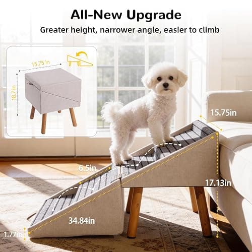 Dog Stairs for Small Dogs, 2-in-1 Foldable Pet Ramp and Ottoman, 17.13" H | Non-slip carpeted steps, solid wood support, gentle incline for couches, and a foldable ottoman design for compact storage. thumbnail 3