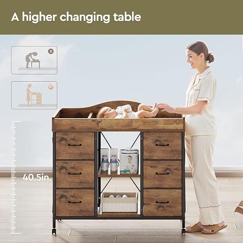 Yetom Changing Table, 6-Drawer Baby Dresser with Changing Table top,Waterproof Diaper Changing Station & Pad, 2 Height-Adjustable Open Storage Shelves, Mobile Nursery Organizer, Rustic Brown thumbnail 4