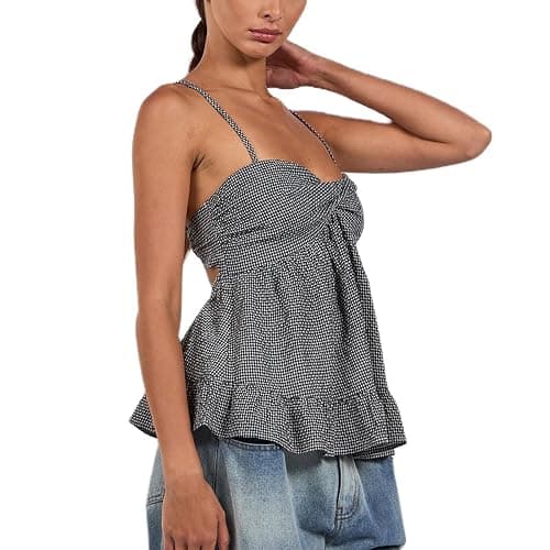 Women Y2k Floral Babydoll Tank Top Spaghetti Strap Ruffle Cami Top Summer Boho Flowy Peplum Crop Top Streetwear thumbnail 2