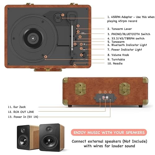 Vinyl Record Player 3-Speed Bluetooth Portable Suitcase Records Player with 2 Built-in Stereo Speakers, Belt-Driven Turntable for Vinyl Records, Support RCA Line Out, AUX Out, Brown thumbnail 6