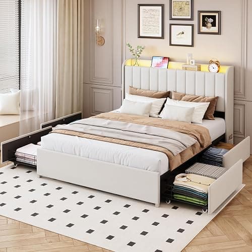 Queen Bed Frame with 4 Drawers and Storage Headboard, Upholstered Platform Bed Frame Queen Size with Led Lights and Handy Charging Station, No Box Spring Needed, Easy Assembly, Noise Free, Beige thumbnail 8