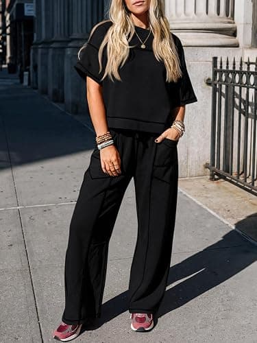 Fisoew Womens 2 Piece Outfits Lounge Sets Short Sleeve Tops and Wide Leg Pants Travel Vacation Casual Matching Sets thumbnail 5