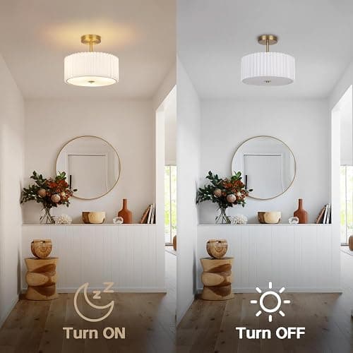 Modern Semi Flush Mount Ceiling Light with Pleated Fabric Shade, 12.5” Drum Gold Light Fixture with Lights, Warm White Linen Lamp for Bedroom, Living Room, Dining Room, Hallway, Kids Room thumbnail 4
